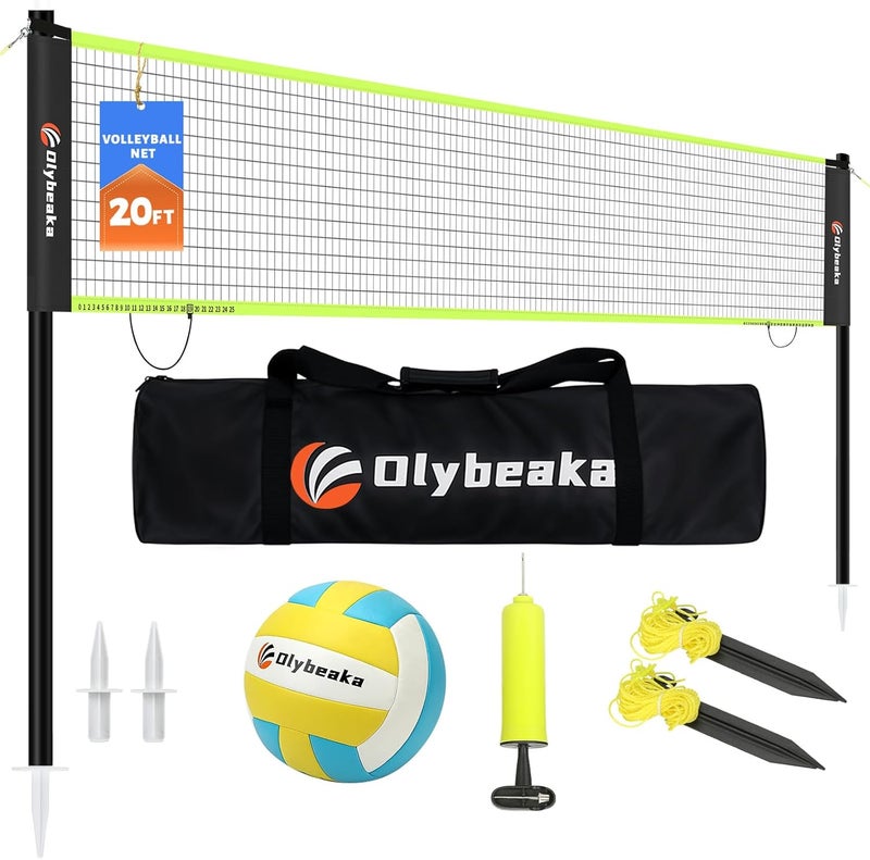 Olybeaka 20FT Outdoor Volleyball Net Set System for Backyard Beach with Anti-Sagging Net, Iron Adjustable Height Poles, Soft PU Volleyball and Pump, Carry Bag - Instant Set Up & Durable - Image 1